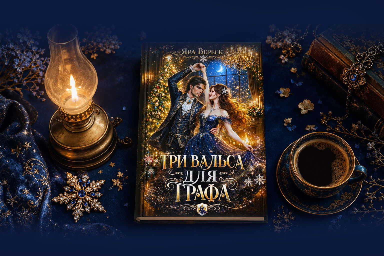 Книга Яры Вереск «Три вальса для графа»: атмосферный мокап с лампой, кофе и книгой